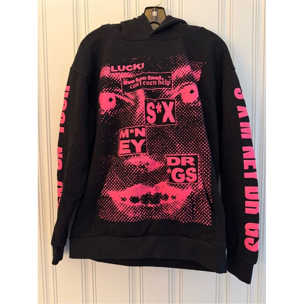 Lucki Black Hoodie with Hot Pink Graphic Print- Tour Sweatshirt